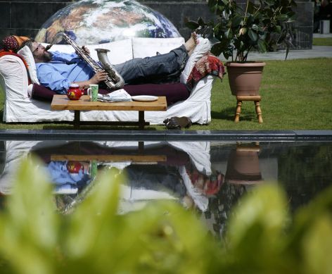 Earth prop behind Phil Bancroft at launch of 